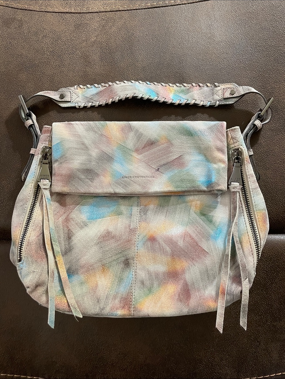 Aimee Kestenberg rainbow metallic leather boho bag with tassel zippers, NWOT